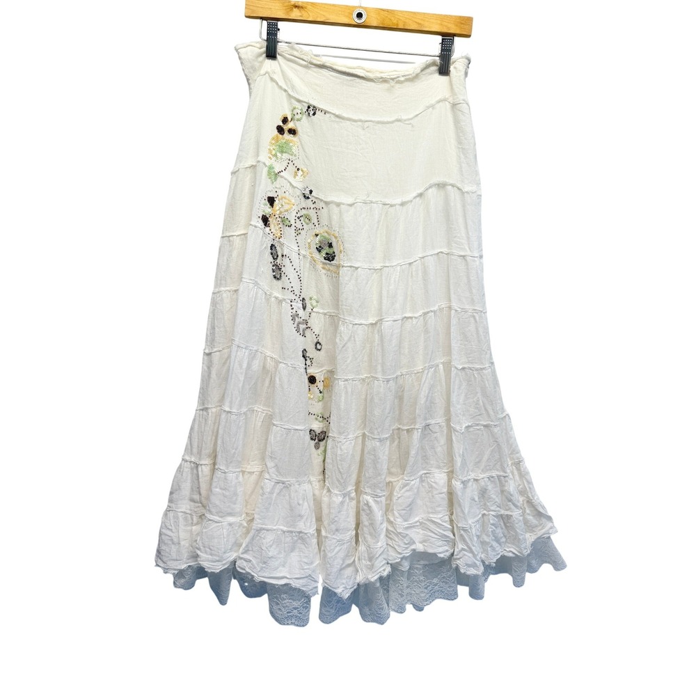 Sauci Sans Maxi Skirt Boho Sequin Floral Tiered White Women